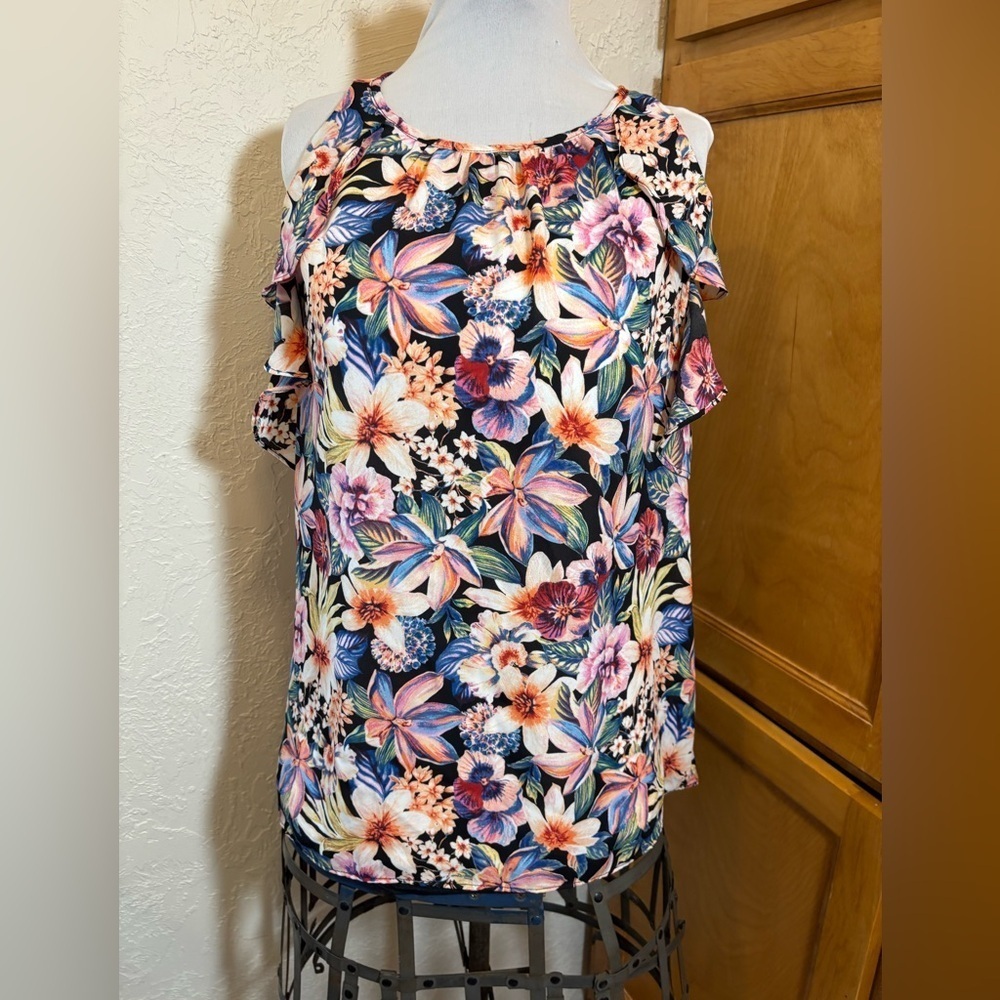 Blue and Pink Ruffled Sleeveless Blouse